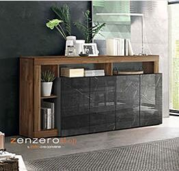 Madia a 4 ante con un ripiano in finitura Marmo Lucido Nero e Noce Dark