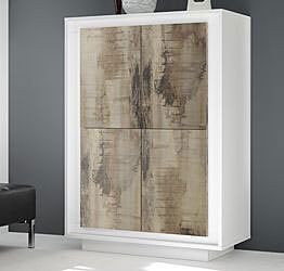 Credenza Moderna, Madia di Design, 4 ante Alta, Bianco Opaco con frontali Pero