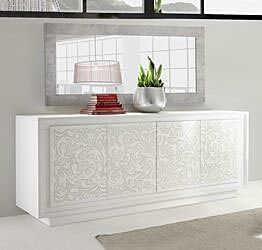 Credenza con serigrafia floreale 4 ante, Bianco Opaco