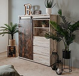 Madia alta Tromso con 2 ante e 3 cassetti in finitura Willow e Acero invecchiato