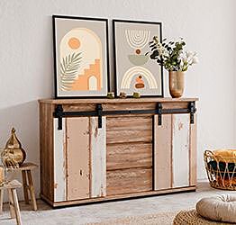 Madia scontata Tromso con 2 ante e 3 cassetti in finitura Bianco anticato e Rovere anticato