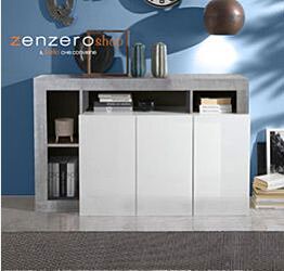 Mobili credenze moderne 3 ante con un ripiano bianco laccato lucido e Cemento