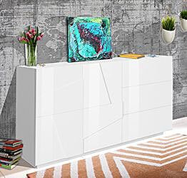 Madia moderna con 3 cassetti e 2 ante con disegno geometrico in Bianco lucido