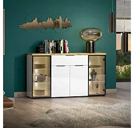 Madia moderna, colore Bianco lucido e Rovere chiaro