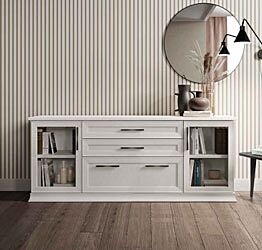 Mobile credenze Classic con 3 cassetti e 2 ante vetro in finitura Bucaneve