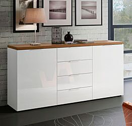 Capiente Madia 2 ante e 4 cassetti finitura Bianco lucido e Castagno, Made in Italy