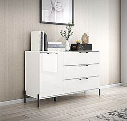Madia un'anta e 3 cassetti, finitura Bianco lucido e opaco
