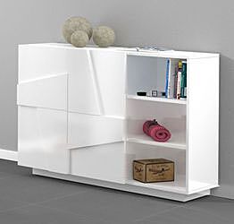 Madia con 2 ripiani e 2 ante con disegni geometrici in finitura Bianco lucido