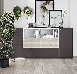 Madia 6 cassetti e 2 ante, finitura Grigio titanio e Rovere cognac