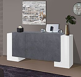 Credenza moderna Ardesia e Bianco lucido, 3 cassetti e 4 ante