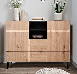 Madia moderna Glesborg con 3 ante e un vano a giorno in finitura Rovere e Nero carbone