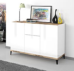 Madie economiche, Credenza moderna Bianca lucido e pero, 3 ante 1 cassetto