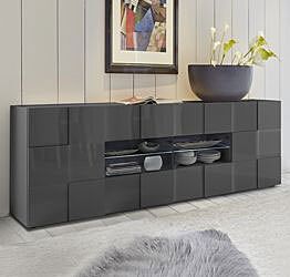 Credenza Moderna, Madia di Design, 2 ante e 4 cassetti, Grigio Lucido