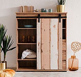 Madia alta Tromso con 2 ante e 3 cassetti in finitura Bianco anticato e Rovere anticato