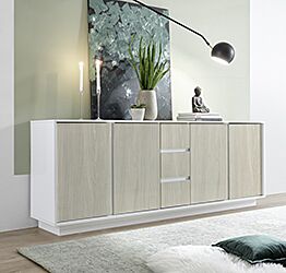 Credenza in offerta, madia moderna 4 ante 3 cassetti bianco e olmo