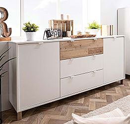 Madia Kilsbo con 2 ante e 3 cassetti in finitura Bianco opaco e Legno vecchio