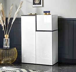 Madia alta con 3 ante in finitura bianco lucido, profili ardesia