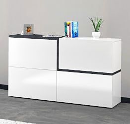 Madia moderna con 4 ante ribalta, finitura bianco lucido e ardesia, made in Italy