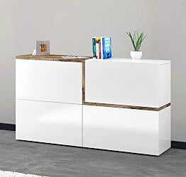 Madia moderna con 4 ante ribalta, finitura bianco lucido e pero, made in Italy