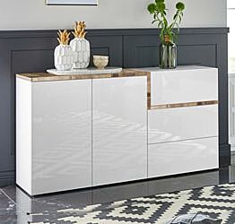 Madia moderna con 2 ante e 3 cassetti in finitura Bianco lucido e Pero