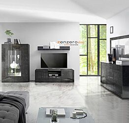 Soggiorno moderno Marmo Lucido Nero di Lusso con Porta TV, Madia e Vetrina