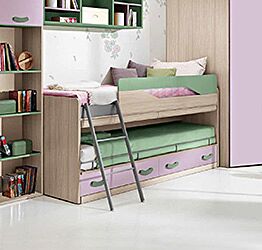 Letto con scrivania estraibile Fedro, finitura olmo, verde papua e lilla