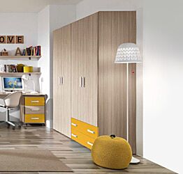 Armadio per camerette, 4 ante battenti 2 cassetti, olmo e giallo