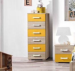 Settimino moderno 6 cassetti per camerette, olmo e giallo