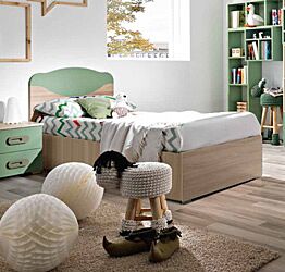 Letto singolo Marica con contenitore, finitura Olmo e Verde Papua