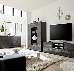 Sala completa di base porta tv, madia 3 ante e vetrina in grigio serigrafato