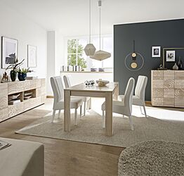 Sala completa di tavolo, 1 madia con 4 cassetti e 1 madia 2 ante in rovere serigrafato