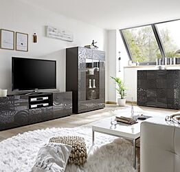 Sala completa di base porta tv, madia e vetrina, grigio serigrafato