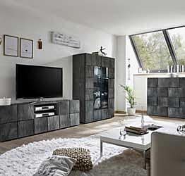 Sala moderna, Ossido, composta da base porta tv, madia alta e vetrina