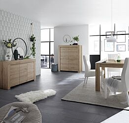 Sala di design composta da Madia alta, Madia 3 ante e Tavolo allungabile, finitura Rovere Cadiz