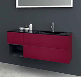 Mobile bagno sospeso 3 cassetti, lavabo integrato, finitura Rosso vino e Cristallo nero lucido
