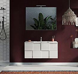 Mobile da bagno L.101, bianco lucido sospeso a 2 cassetti