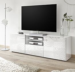 Mobili tv, porta tv a 2 ante, 1 cassetto bianco laccato lucido serigrafato