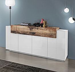 Madia moderna di design con ribalta in finitura Bianco lucido e Pero