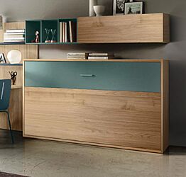 Letto trasformabile una piazza e mezza Noce biondo e Verde salvia a scomparsa, orizzontale