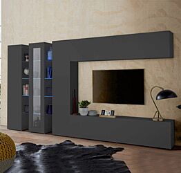 Parete attrezzata con 1 vetrina, 2 colonne e 2 pensili orizzontali, finitura Antracite lucido 