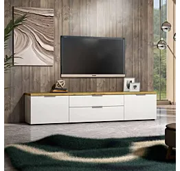 Mobile tv colore Bianco lucido con top Rovere, L.220 cm in offerta