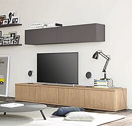 Parete attrezzata con base tv in finitura Royal oak e Grigio titanio