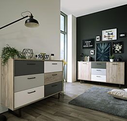 Soggiorno con 2 Madie dallo stile Nordik con gambe in metallo, finitura Quercia, Bianca, Grigio e Antracite