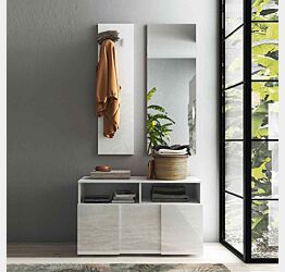 Ingresso con panca, pannello appendiabiti e specchio, finitura Bianco lucido