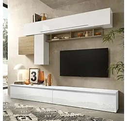 Parete attrezzata Logica, Bianco lucido e Cadiz, con base e pensili, L.276 Zenzero Shop