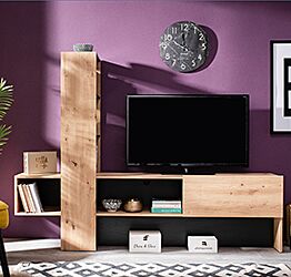 Parete attrezzata Cross, porta tv con libreria finitura Rovere e Nero