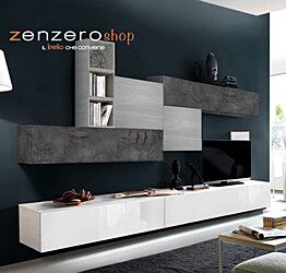 Parete soggiorno moderna parete da soggiorno con basi tv bianche lucide pensili Gesso, Artico e Piombo Zenzero Shop