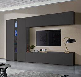 Parete attrezzata economica e moderna con vetrina L.280 cm, finitura Antracite lucido