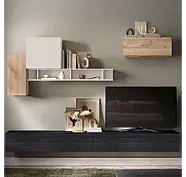 Parete Attrezzata sospesa Nero frassinato, Cashmere e Cadiz