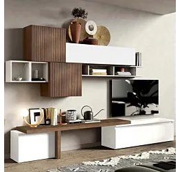 Acquista ora Parete salotto L.330 cm, Bianco lucido e Mercure cannettato, collezione Logica